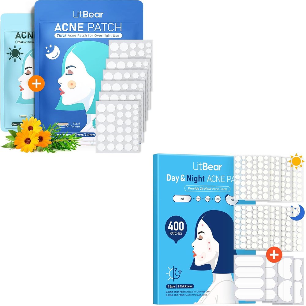 LitBear Acne Pimple Patches- Day and Night 6 Sizes 580 Dots Thin & Thick Hydrocolloid Patches with Witch Hazel, Tea Tree & Calendula Oil, Acne Patch for Covering Zit and Blemishes, Large Breakouts