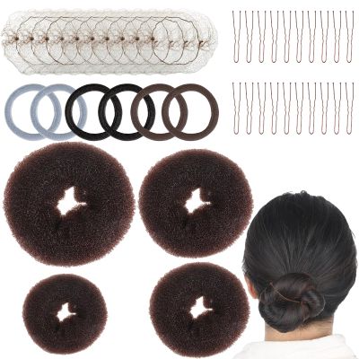 40 PCS Hair Bun Maker Set Donut Bun Maker Set Buns Makers and Hair Nets Sets Hairs Accessory Sets with 4 Buns Makers for Women 10 Brown Invisible Nets 6 Hairs Elastic Bands and 20 U Bobby Pins(Brown)