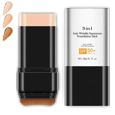 3 in 1 Anti-Wrinkle Foundation Stick, Korean Beauty Balm Tinted Moisturizer, Full Coverage Face Foundation Makeup Stick with Brush,Hydrating Flawless Lightweight Natural Finish, Medium Color