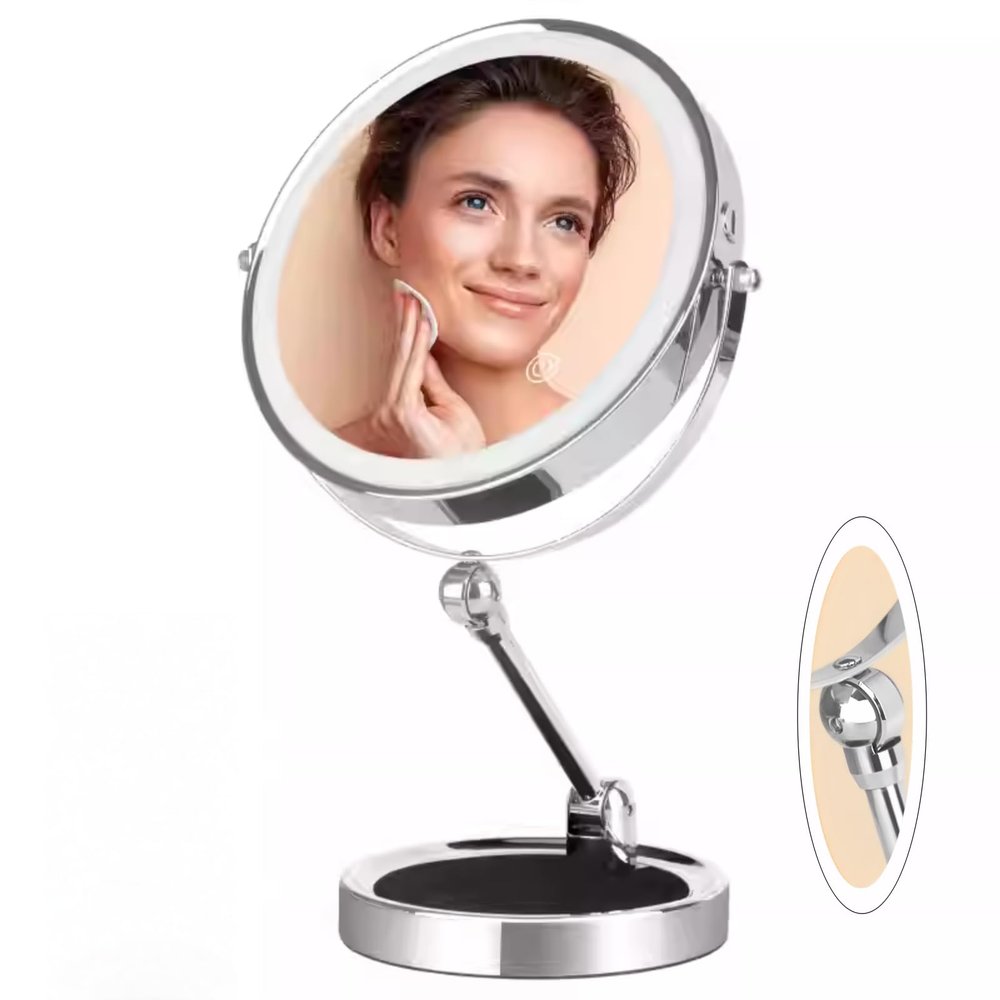 10X Lighted Makeup Mirror, 9inch 3 Color Dimmable Lights, 360Rotatable, Rechargeable Double Sided Magnifying Desk Mirror, Adjustable Vanity Mirror (Silver, 9inch)