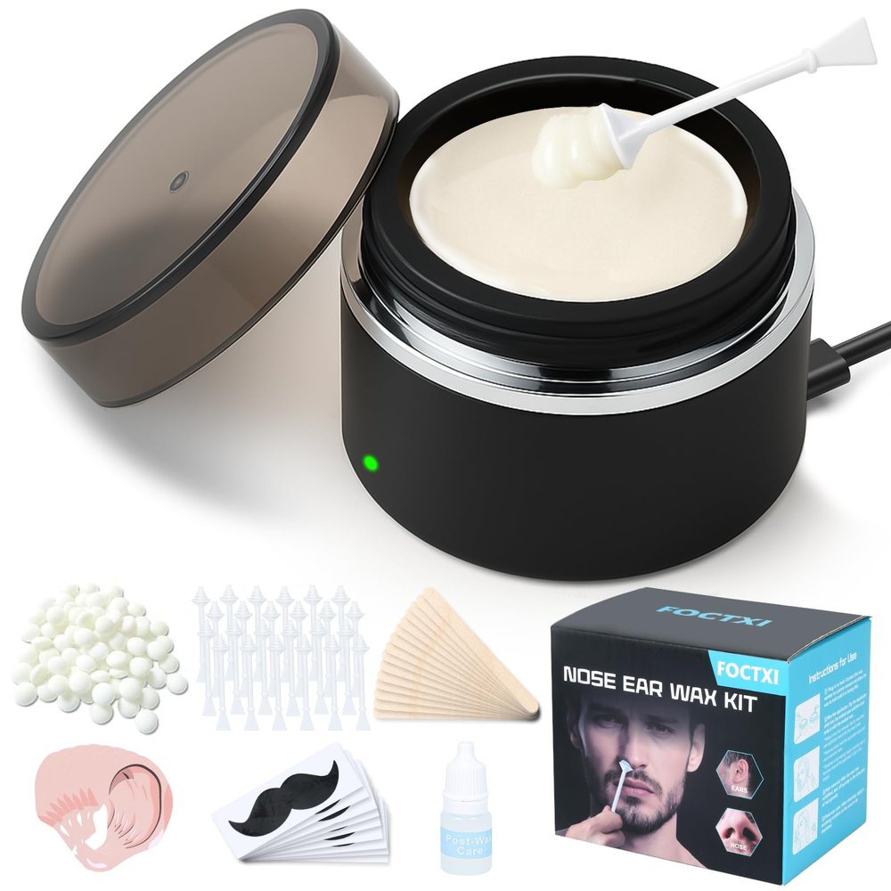 FOCTXI Nose Wax Kit - Portable Ear Nose Hair Waxing Kit for Men and Women with 100g ax, 40 Nose Hair Sticks, 10 Applicators, 10 Mustache & 10 Ear Protectors, Wax Warmer Kit for Hair Removal