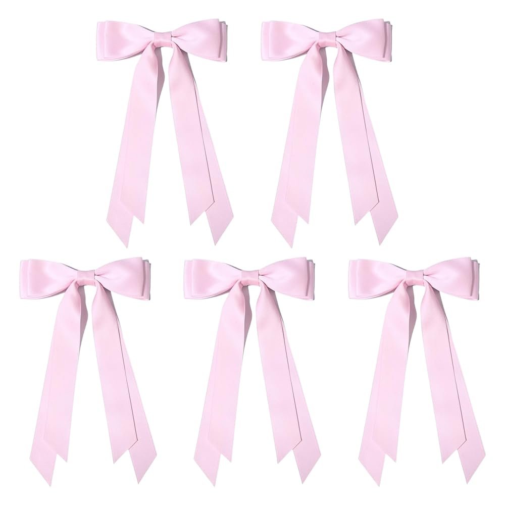 2025 New Hair Bows for Women Girls, Silky Satin Hair Bows Hair Clip Ribbon with Long Tail, Ribbon Bow Tassel Clips For Women Girl Hair Accessories (Light pink-5 PCS)