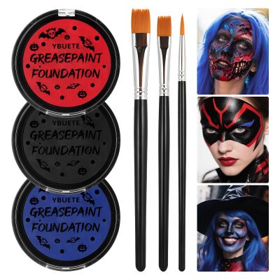 YBUETE Red Black Blue Oil Based Face Paint Kit with Painting Brushes, Professional Full Coverage Greasepaint for Adults Halloween Cosplay SFX Clown Vampire Skull Makeup Party Theater Stage