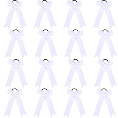 16pcs Collegiate Style Cheer hair Bows for Girls, Long Tail Skinny Cheer Bow Ponytail Holder Handmade Bows for Girls Teens Softball Cheerleader Sports (White)