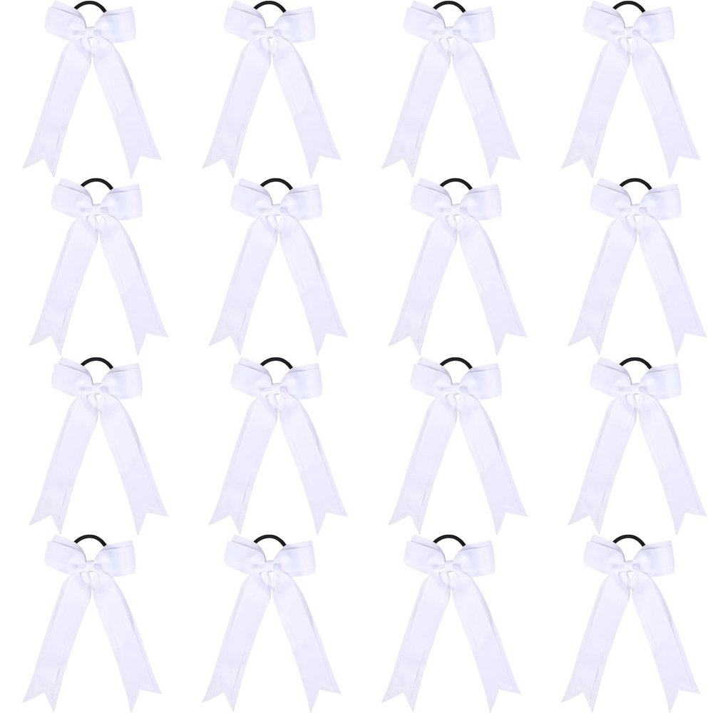 16pcs Collegiate Style Cheer hair Bows for Girls, Long Tail Skinny Cheer Bow Ponytail Holder Handmade Bows for Girls Teens Softball Cheerleader Sports (White)