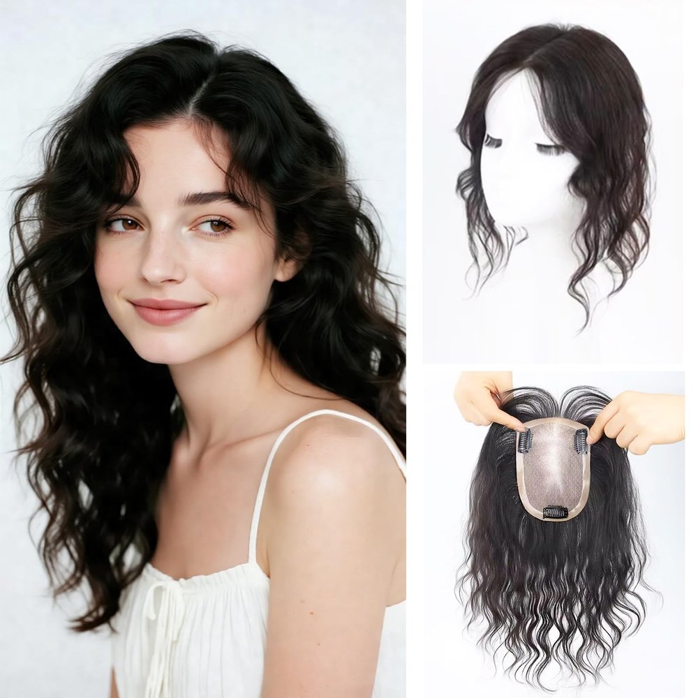 EREE HAIR Silk Base Human Hair Toppers for Women,Clip in Wavy Curly Topper Hairpiece with Curtain Bangs Fully Hand Tied Silk Base 3.1x4.7 Ins Free Parting Wiglets Hairpieces 12 Ins Natural Color