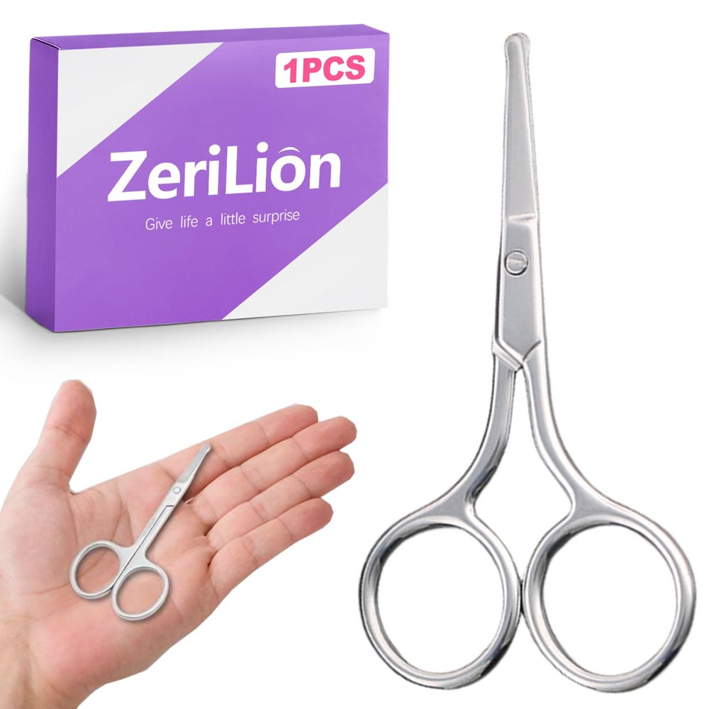 ZeriLion Round Tip Nose Hair Scissors for Eyebrow Facial Hair Mustache Beard Trimming Safety Grooming Scissors for Men and Women Professional Stainless Steel