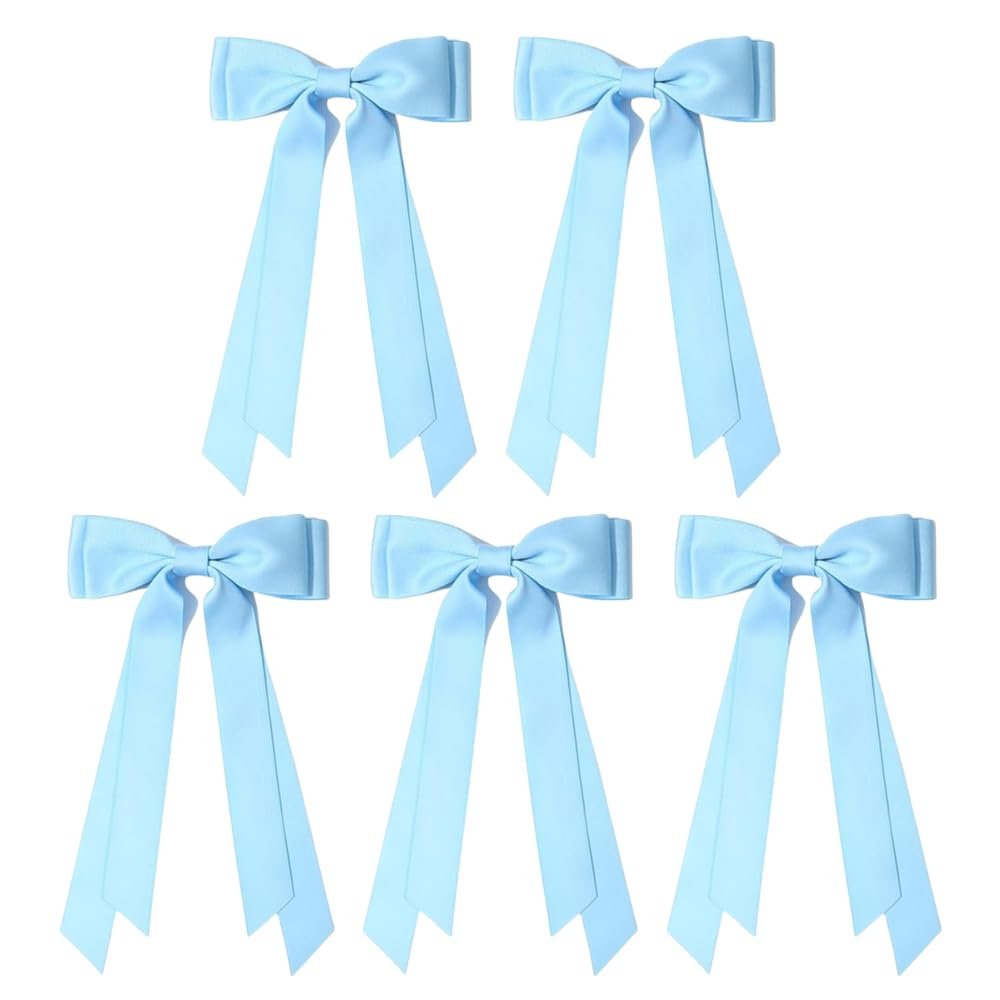 2025 New Hair Bows for Women Girls, Silky Satin Hair Bows Hair Clip Ribbon with Long Tail, Ribbon Bow Tassel Clips For Women Girl Hair Accessories (Blue-5 PCS)
