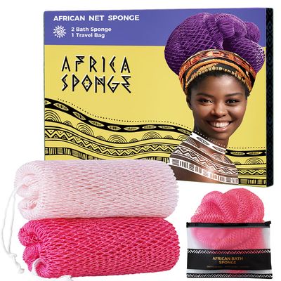 African Net Authentic - 2 Pieces Real African Exfoliating Sponge with Knots - African Net Wash Cloths for Body Scrubber Exfoliator Pink & BabyPink- Back Scrub for Shower Bath Accessories
