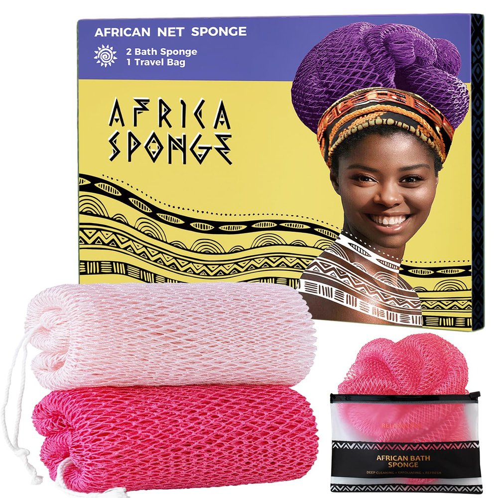 African Net Authentic - 2 Pieces Real African Exfoliating Sponge with Knots - African Net Wash Cloths for Body Scrubber Exfoliator Pink & BabyPink- Back Scrub for Shower Bath Accessories