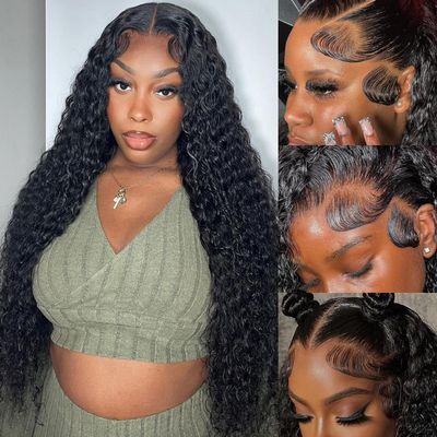 13x6 Deep Wave Lace Front Wigs Human Hair 180% Density Curly Glueless Wigs Wet and Wavy Wigs Pre Plucked for Women 24 Inch