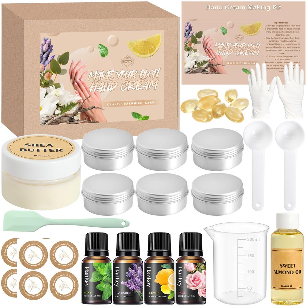 JCOOS DIY Hand Cream Making Kit, Handcream For Very Dry Hands, Lotion Making Kit, Shea Butter, Almond Oil, Jars, Essential Oils Natural Whipped Shea Butter Body Butter Making Kit Gifts for Women
