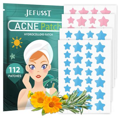 Jefusst Star Acne Patches 112 Counts, Pimple Patch Pimple Patches for Face Pimple Patches Stars Hydrocolloid Acne Patches Cute Zit Patches Healing Sticker, Blue and Pink
