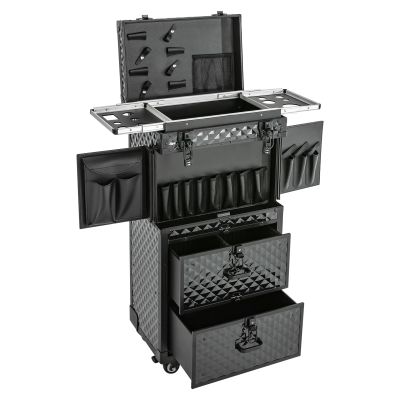 anezdbozr 4-in-1 Pro Aluminum Rolling Makeup Train Case Trolley, XL Cosmetic Organizer w/ 360 Swivel Wheels, Drawers & Compartments for Salon, Barber, Nail Tech, Hairstylist, Travel & Studio