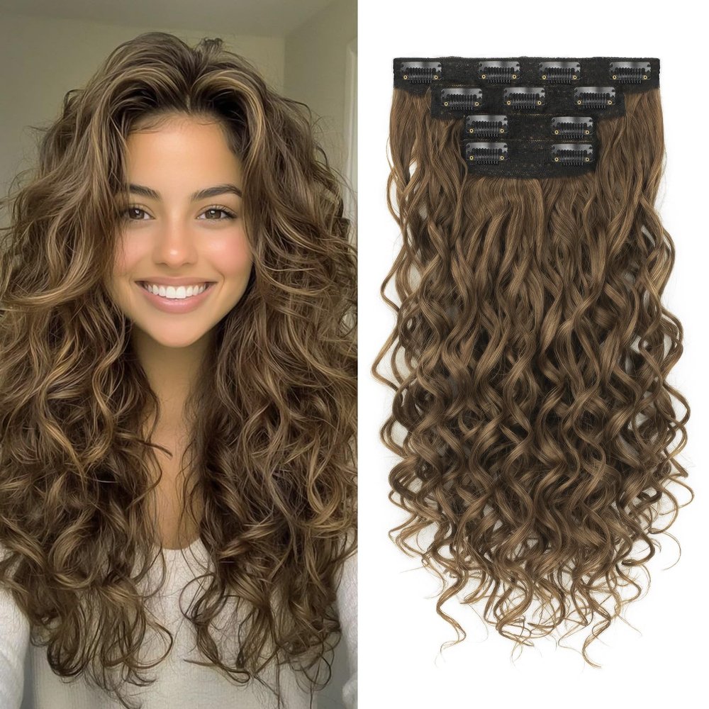 Flvaco Curly Clip In Hair Extensions, 4PCS 16 Inch Light Brown Extensions Clip Ins Lace Weft Short Curly Invisible Natural Hairpieces for Women