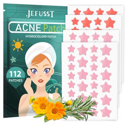 Jefusst Star Acne Patches 112 Counts, Pimple Patch Pimple Patches for Face Pimple Patches Stars Hydrocolloid Acne Patches Cute Zit Patches Healing Sticker, Orange and Pink