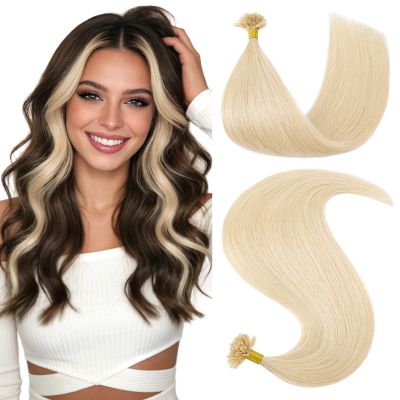 Hairro U Tip Hair Extensions Human Hair Pre Bonded Hot Fusion Keratin Nail Tipped Utips Ktip For Women 16 inch 25g 25 Strands #60R Platinum Blonde