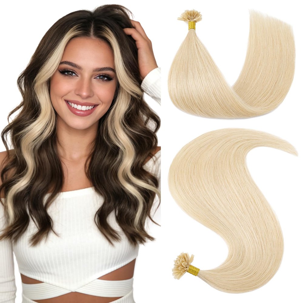 Hairro U Tip Hair Extensions Human Hair Pre Bonded Hot Fusion Keratin Nail Tipped Utips Ktip For Women 16 inch 25g 25 Strands #60R Platinum Blonde