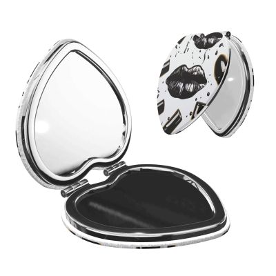 Small Pocket Compact Mirror 1x/2x Magnifying Pu Leather Makeup Mirrors Cool Black Lipstick Lips Portable Pocket Mirror for Women Girls