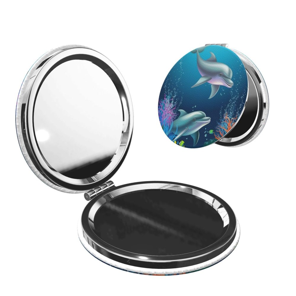 Small Pocket Compact Mirror 1x/2x Magnifying Pu Leather Makeup Mirrors Dolphin and Fish Portable Pocket Mirror for Women Girls