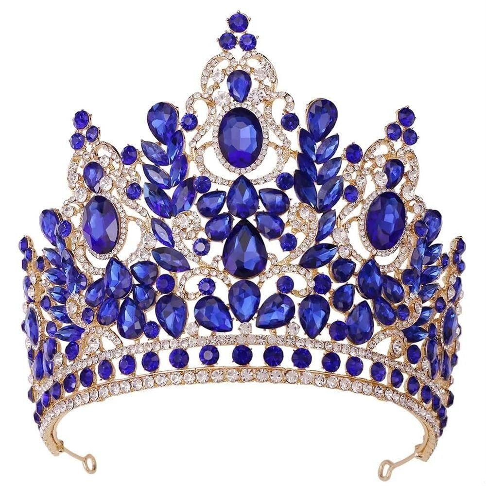 Crystal Baroque Big Crown Bride Wedding Crown Rhinestone Drop Tiara and Crown Party Hair Accessory(Blue)