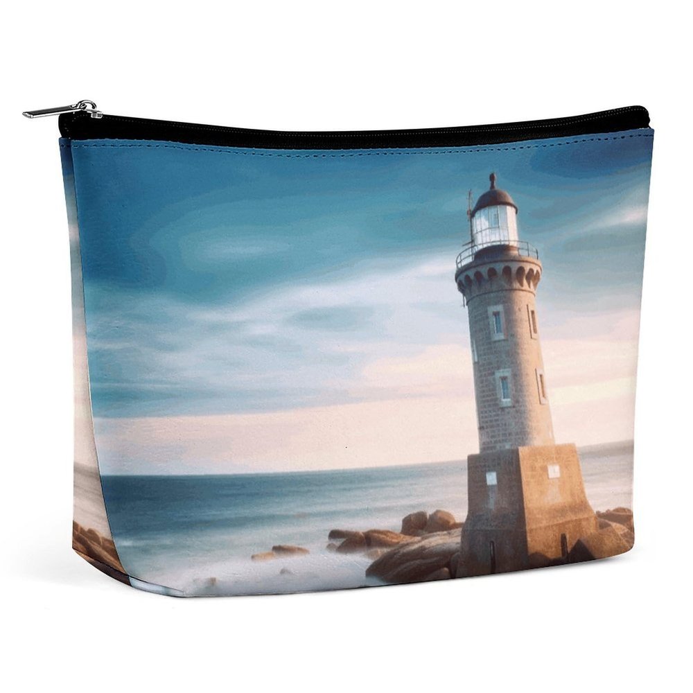 GHENBLT Waterproof Travel Makeup Bag Case Organizer, PU Leather Beach Lighthouse Cosmetic Bags, Small Toiletry Case Cute, Portable Zipper Pouch for Women Men, Travel Accessories