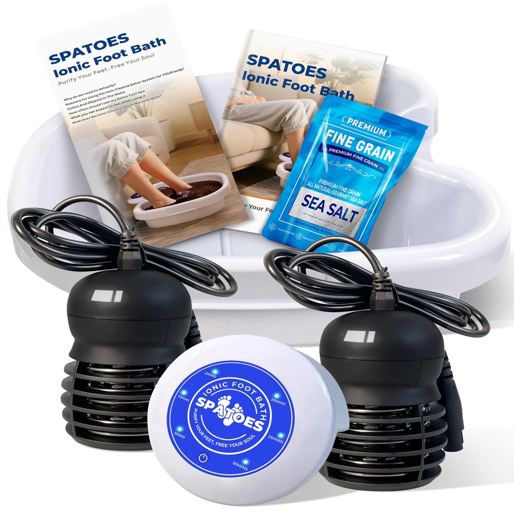 SPATOES Ionic Foot Detox Machine 3.0, Foot Spa at Home detox, Ion Detox Foot Bath Cleanse Machine to Remove Toxins -2 Arrays, 15 Disposable Foot Bath Liners, Detox Sea Salt, Upgraded Durable Basin