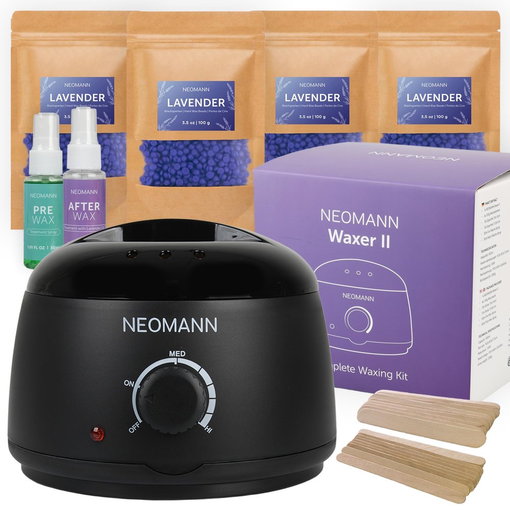 NEOMANN Waxer II LAV Brazilian & Bikini Waxing Kit Lavender  Hard Wax Lavende Beads, Pre & Post Wax Care, and Applicator Sticks for Face, Body, and Underarms Hair Removal