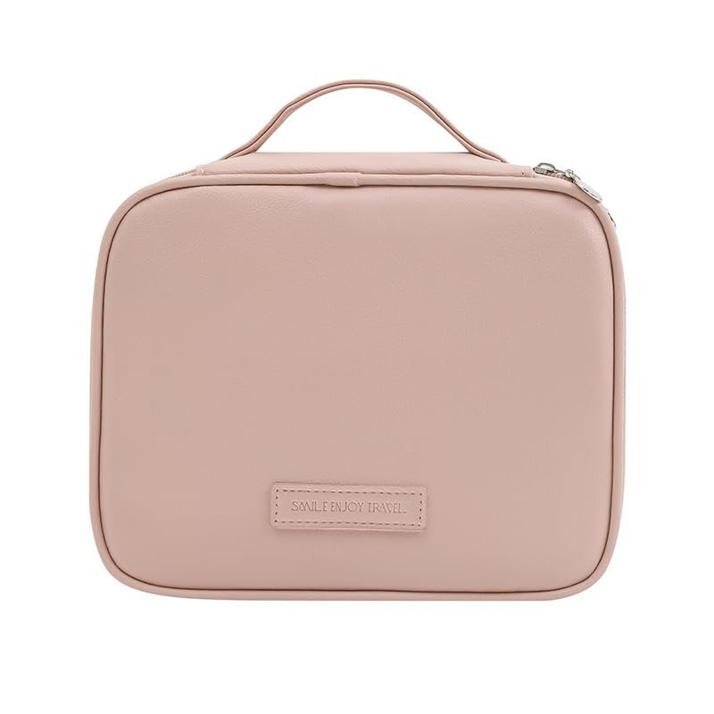 travel makeup bag - soft pu leather cosmetic organizer with handle for women, portable toiletry pouch