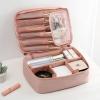 travel makeup bag - soft pu leather cosmetic organizer with handle for women, portable toiletry pouch view 2