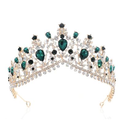 Baroque Bridal Headdress and Crown Queen Crystal Wedding Hair Accessories Round Prom Party(Golden Olive Green)