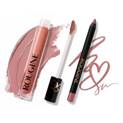 ROUGINE Lip Gloss and Lip Liner Set for Women Daddys Girl Gloss Finish Smooth Shine Lip Gloss, Soft Glide Lip Liner Pencil Hydrating Makeup Lip Moisturizer Combo Vitamin E & Shea Butter