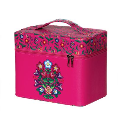 NU TRENDZ Anishinaabe (Ojibwe Floral) Pattern Makeup Train Case, Waterproof Jewelry Organizer Box, Large 4 Tiers Trays, with a Mirror