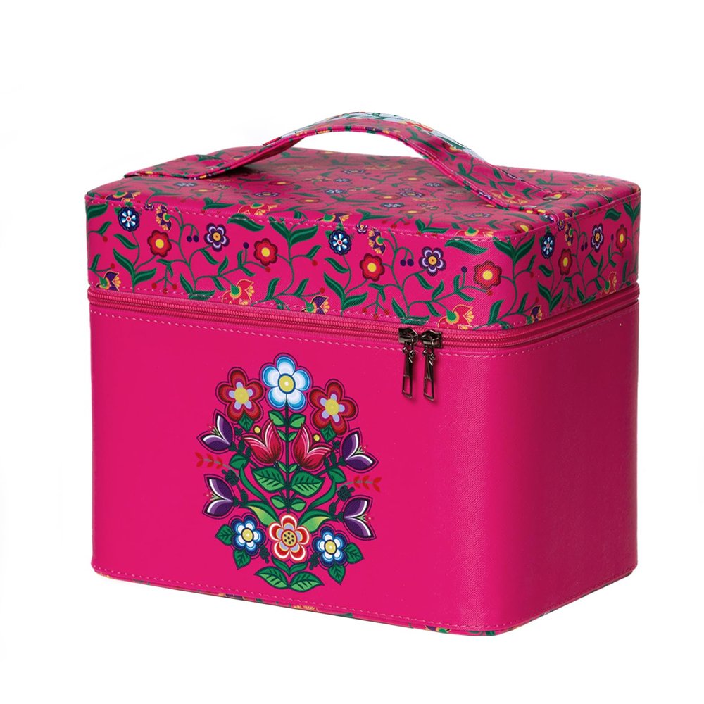 NU TRENDZ Anishinaabe (Ojibwe Floral) Pattern Makeup Train Case, Waterproof Jewelry Organizer Box, Large 4 Tiers Trays, with a Mirror