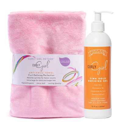 Curly Girl Microfiber Hair Towel and 12 Fl. Oz Firm Hold Anti Frizz Gel with Pump, Water Soluble for Curls
