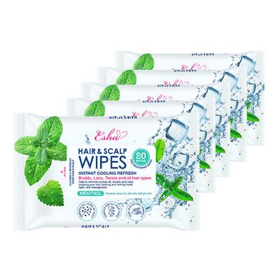 5 Packs, Esha Hair & Scalp Wipes  No-Rinse Waterless Cleansing Wipes for Braids, Wigs & Scalp Care  Removes Sweat, Odor & Product Buildup  Protective Style Essential