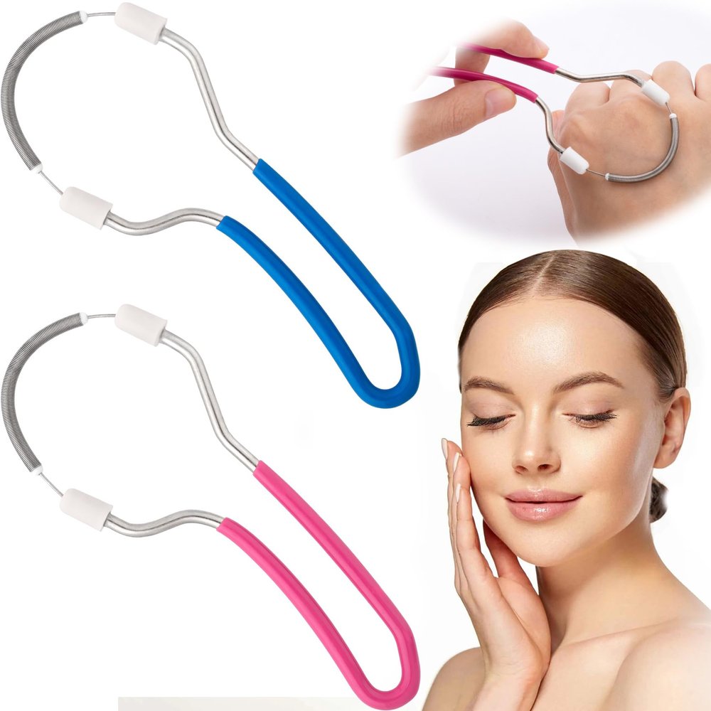 BEIQIYA 2pcs Manual Facial Hair Remover, Portable Spring Epilators Remover, Stainless Steel Removal Face Trimmers for Women Men- Blue & Pink