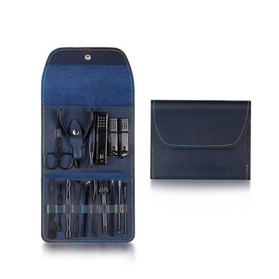 16PCS Stainless Steel Manicure Set, Nail Clipper, Scissors & Grooming Tools, Portable Makeup & Nail Care Kit, Blue with White-Patch Five-Pointed Star
