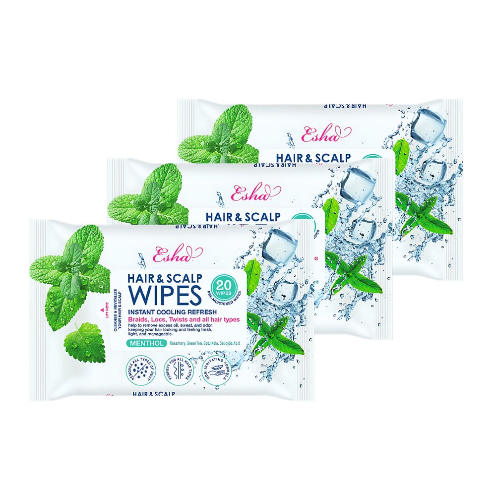 3 Packs, Esha Hair & Scalp Wipes  No-Rinse Waterless Cleansing Wipes for Braids, Wigs & Scalp Care  Removes Sweat, Odor & Product Buildup  Protective Style Essential