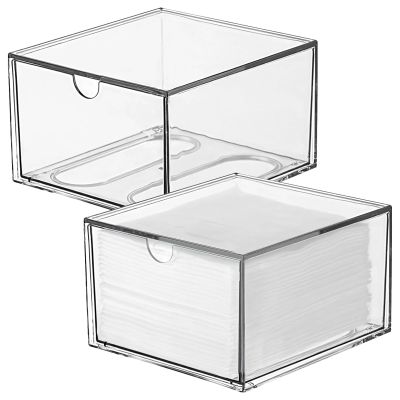 2 Pcs Stackable Clear Acrylic Organizer Box Vanity, Wide Large With Drawer Easy Access Hole Cotton Pad Dispenser, For Dresser And Bathroom Countertop Makeup Storage