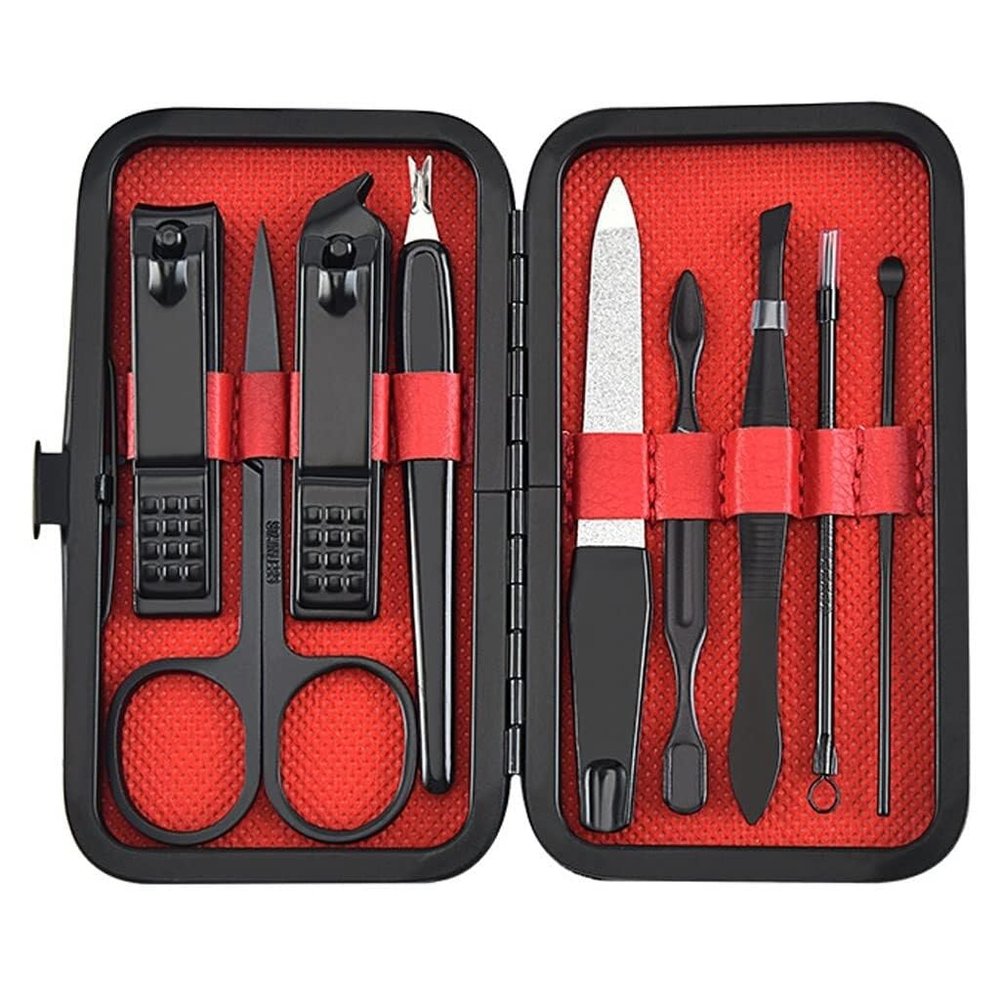 9PCS Stainless Steel Nail Clippers Set, Scissors, Tweezer, Ear Pick & Multi-Function Tools, White Dinosaur Doodle Manicure & Pedicure Kit