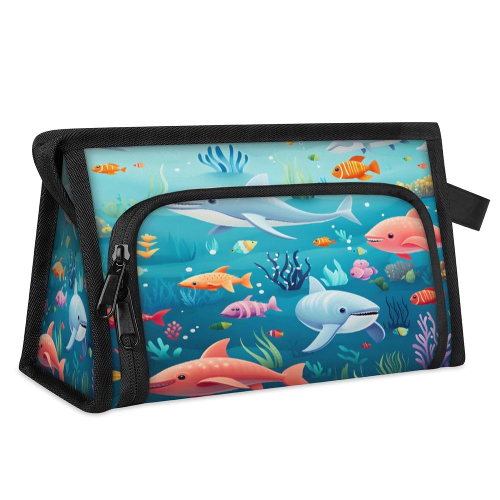 AGHESOTH Ocean Fish Makeup Bag Travel Cosmetic Bags Organizer Toiletry Box Large Wide Open Make Up Pouch Compartments with Side Handle for Essentials Toiletries Womens Men Brushes Slot