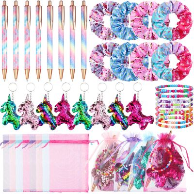 Honoson 40 Pcs Unicorn Party Supplies Unicorn Birthday Decorations Include 8 Glitter Pens 8 Shiny Scrunchies 8 Keychains 8 Bracelets 8 Goodie Bags for Piata Supplies