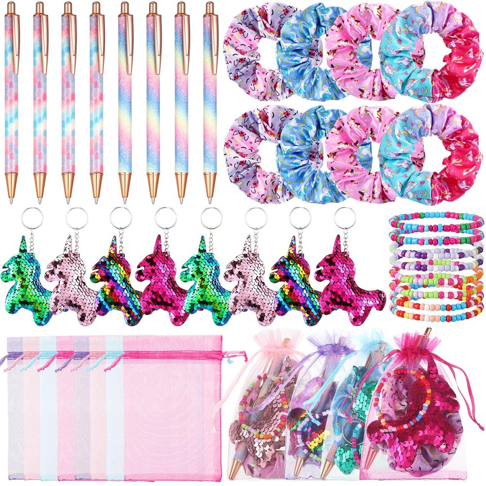 Honoson 40 Pcs Unicorn Party Supplies Unicorn Birthday Decorations Include 8 Glitter Pens 8 Shiny Scrunchies 8 Keychains 8 Bracelets 8 Goodie Bags for Piata Supplies