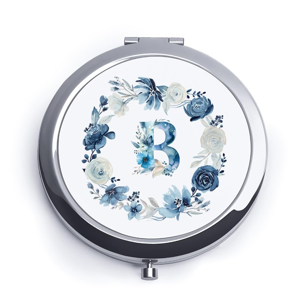 QUSTGO Personalized Gift for Women Girls Her, Custom Gifts for Adult Teen, Floral Monogram Alphabet Initial Compact Mirror for Birthday, Graduation, Mothers Day, Basket Stuffers