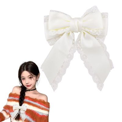 Hair Bows Clip Women Girls Bow Knot Hair Clip with Long Tails Lace Beige Bowknot Hair Clips for Prom Halloween Party Accessories Women Girls Bow Barrette for Thick Thin Hair