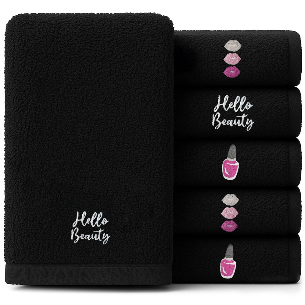 RIVERSIDE Black Makeup Towels - Pack of 6 (13x13) Soft Cotton Makeup Washcloths for Face - Reusable, Quick-Dry Makeup Remover Towels for Bathroom, Spa & Salon - Gentle on Skin - Hello Beauty