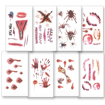 10 Sheets Halloween Temporary Tattoos, Bloody Scar, Stitches & Wound Stickers, Realistic Fake Tattoos for Halloween Makeup & Cosplay, Safe Eco-Friendly Adhesive, Long-Lasting, A-001 A-010