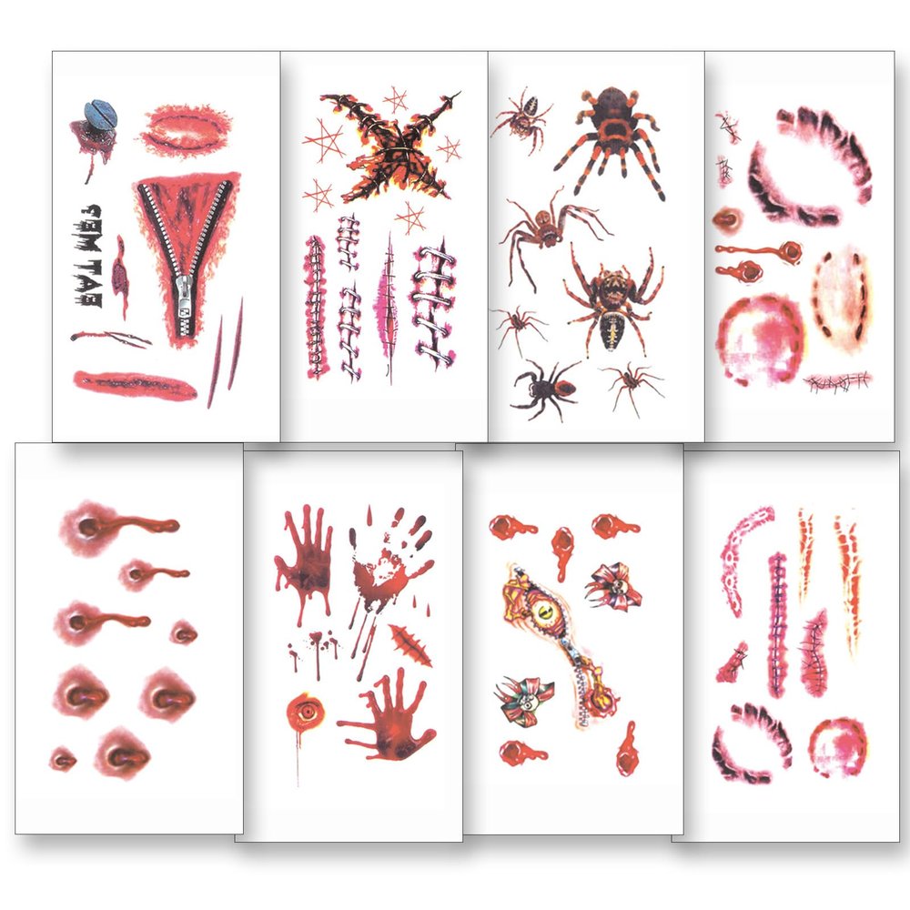 10 Sheets Halloween Temporary Tattoos, Bloody Scar, Stitches & Wound Stickers, Realistic Fake Tattoos for Halloween Makeup & Cosplay, Safe Eco-Friendly Adhesive, Long-Lasting, A-001 A-010