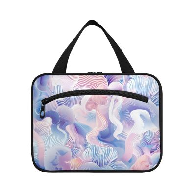 Abstract Mushrooms Digital Illustration Blue Pink White Hanging Hanging Travel Toiletry Bag with Hook, Designer Waterproof Makeup case for Traveler Traveling estuche para brochas maquillaje L